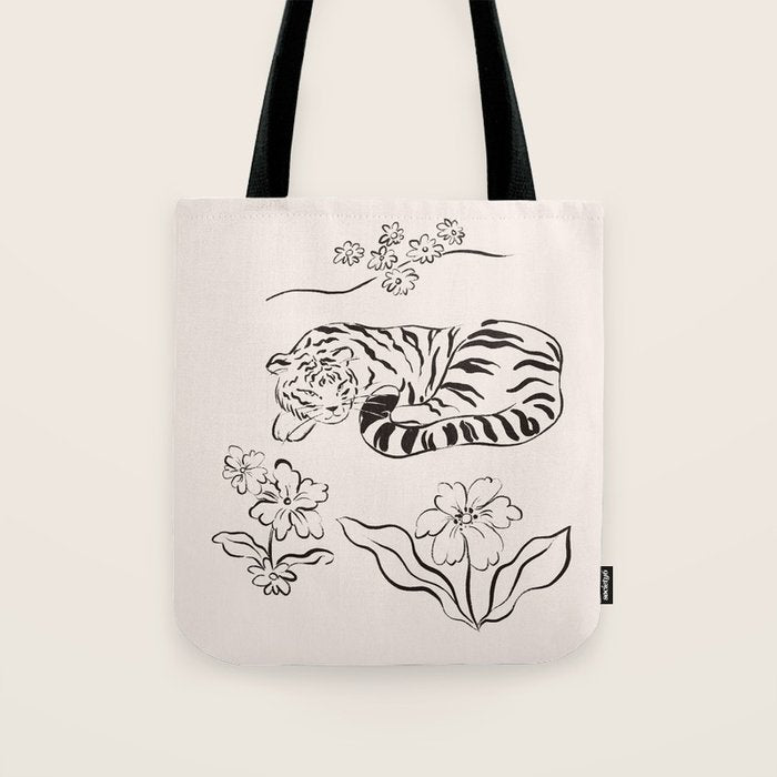 Tiger and Flower Line Art Tote Bag Gallery Image 1
