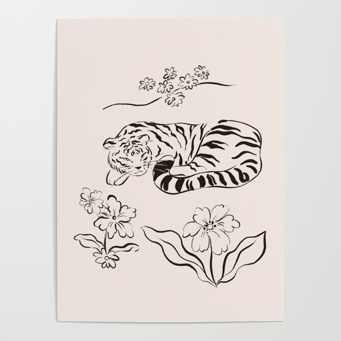 Tiger and Flower Line Art Poster Gallery Image 1