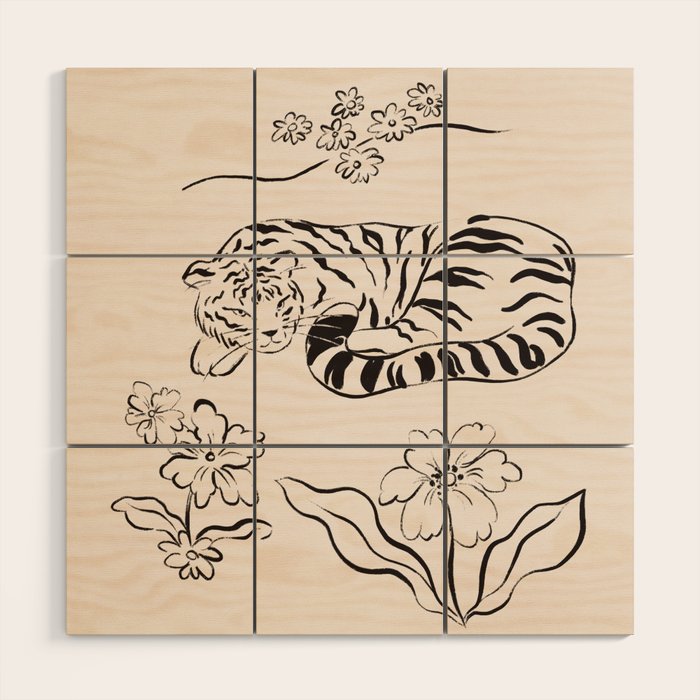 Tiger and Flower Line Art Wood Wall Art Gallery Image 1