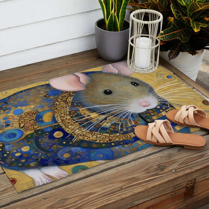 Gustav Klimt Style Mouse with Pink Ears Outdoor Rug Gallery Image 2