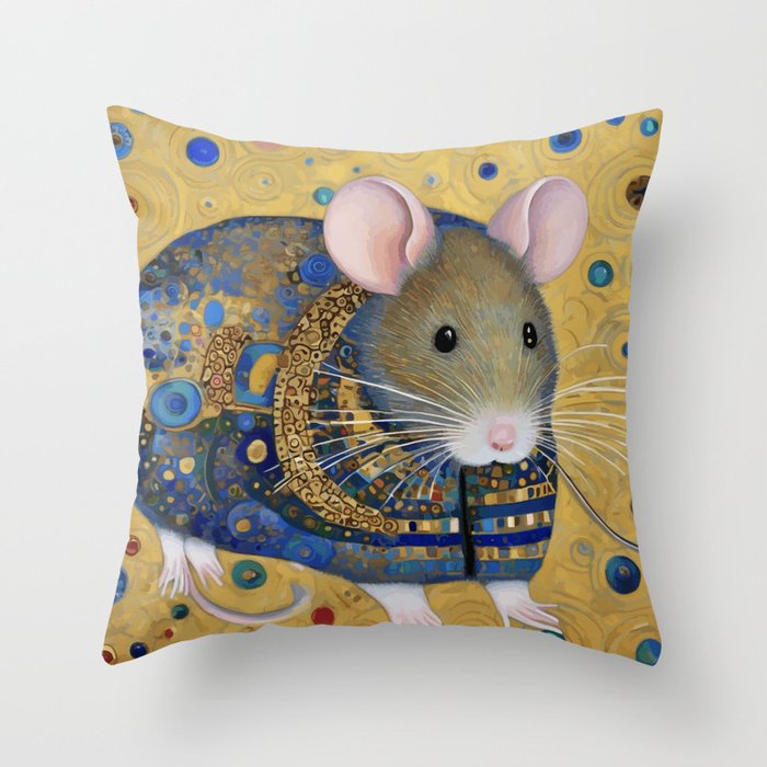 Gustav Klimt Style Mouse with Pink Ears Throw Pillow Gallery Image 1