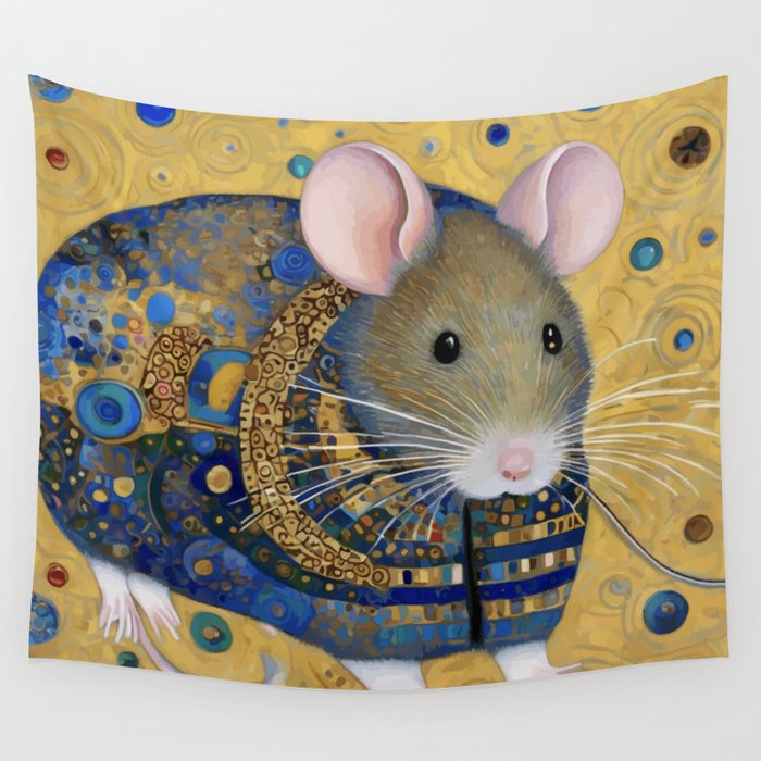 Gustav Klimt Style Mouse with Pink Ears Wall Tapestry Gallery Image 1