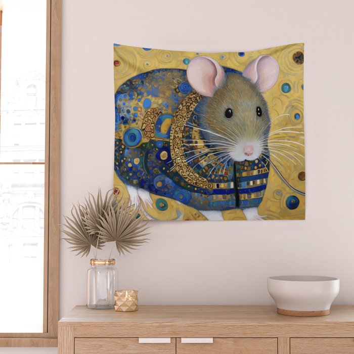 Gustav Klimt Style Mouse with Pink Ears Wall Tapestry Gallery Image 2