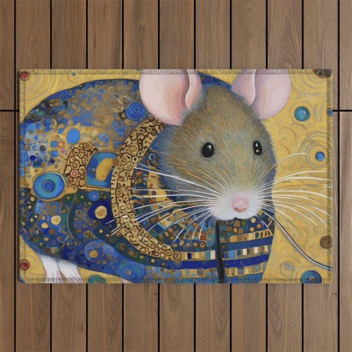 Gustav Klimt Style Mouse with Pink Ears Outdoor Rug Gallery Image 1