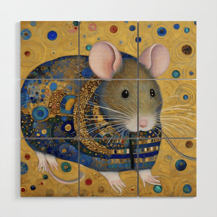Gustav Klimt Style Mouse with Pink Ears Wood Wall Art Gallery Image 1