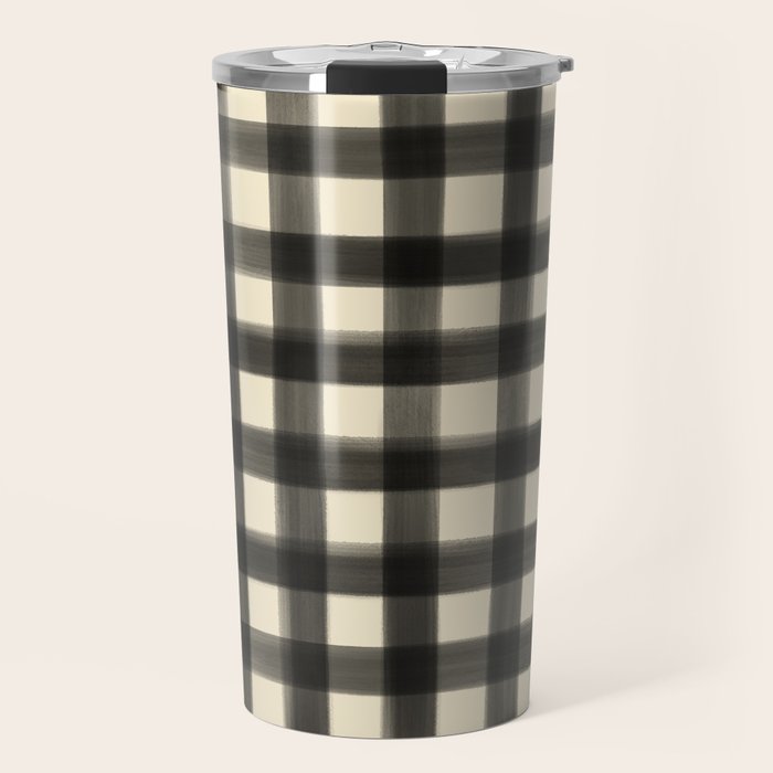 Watercolor Gingham - Black and Cream Travel Mug Gallery Image 1
