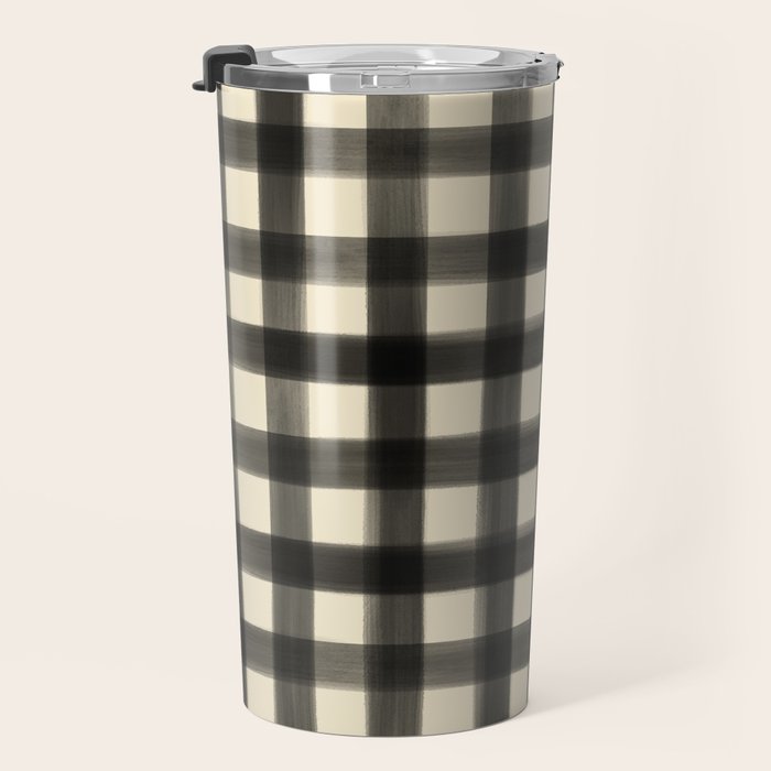 Watercolor Gingham - Black and Cream Travel Mug Gallery Image 3