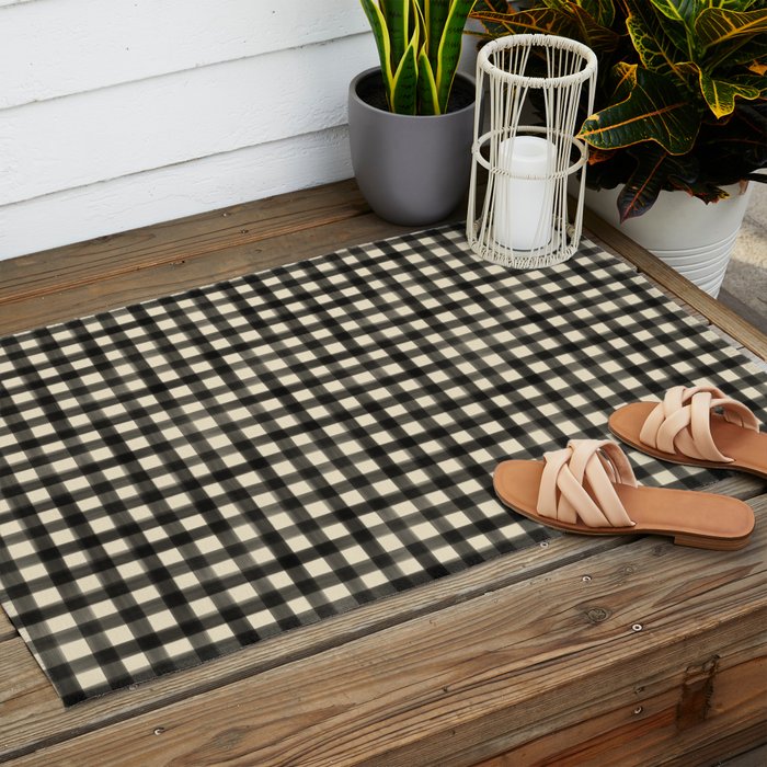 Watercolor Gingham - Black and Cream Outdoor Rug Gallery Image 2