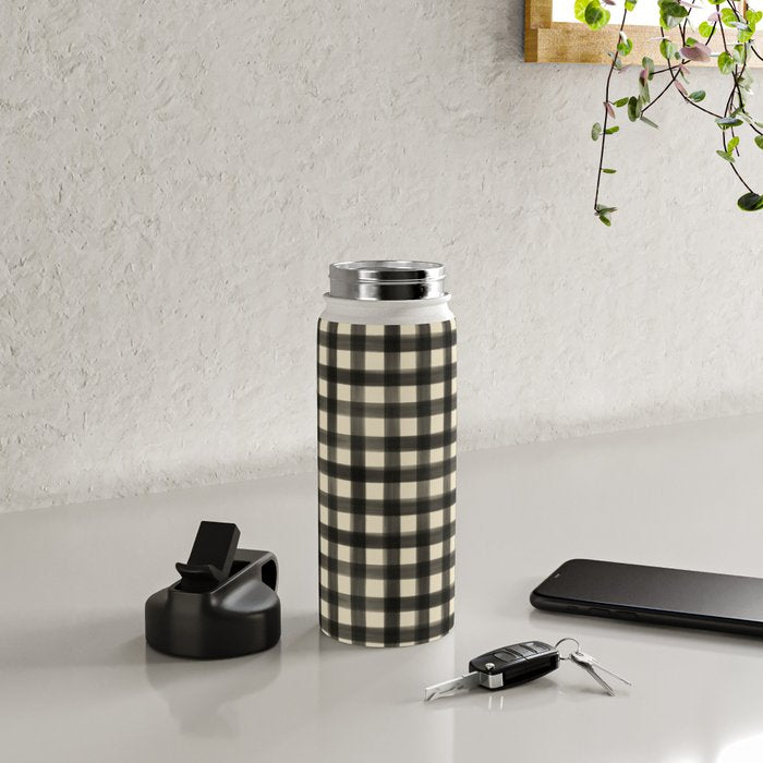 Watercolor Gingham - Black and Cream Water Bottle Gallery Image 4