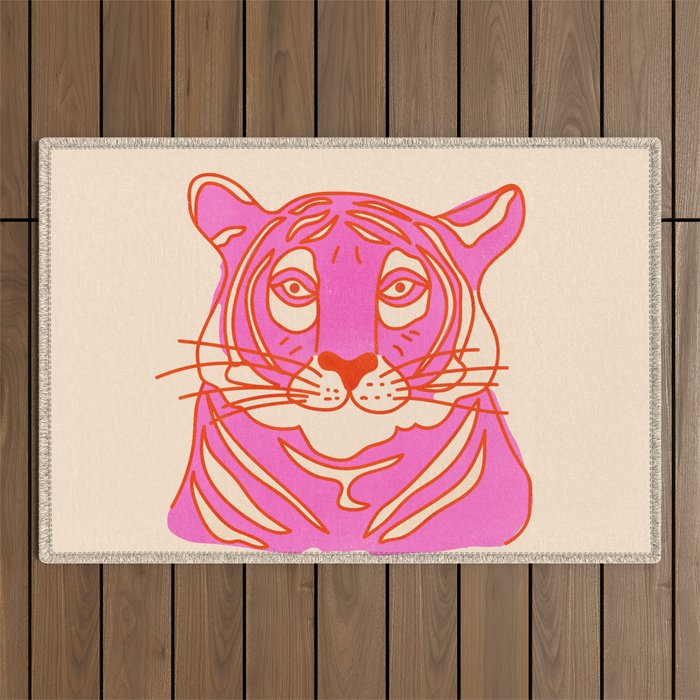 Hot Pink Tiger Portrait Outdoor Rug Gallery Image 1