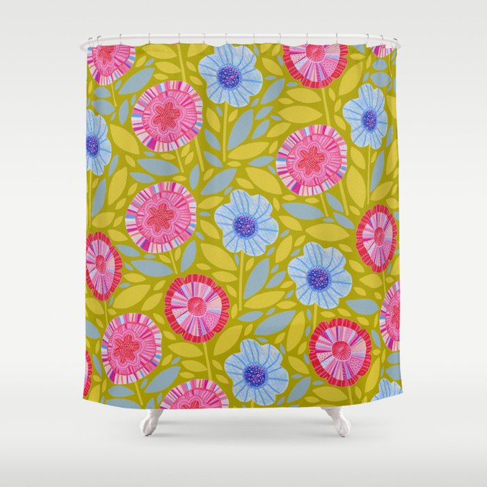 Folk Floral Blossoms in Moss Green Shower Curtain Gallery Image 1