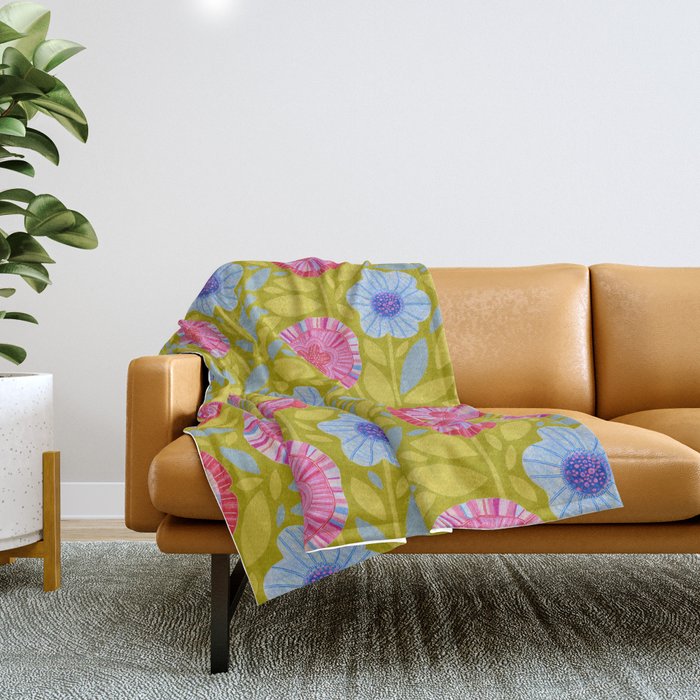 Folk Floral Blossoms in Moss Green Throw Blanket Gallery Image 1