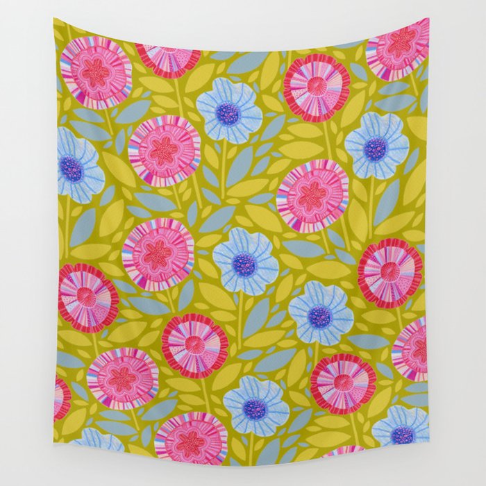 Folk Floral Blossoms in Moss Green Wall Tapestry Gallery Image 4