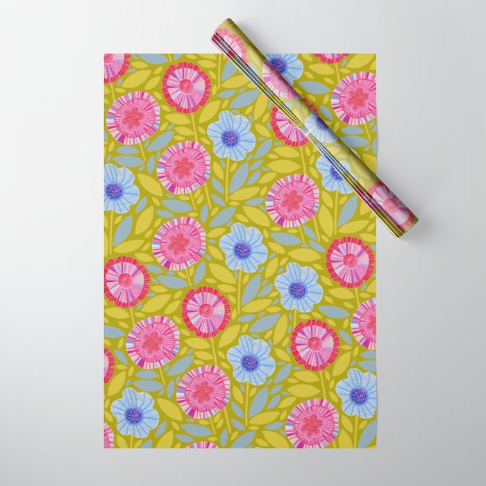 Folk Floral Blossoms in Moss Green Wrapping Paper Gallery Image 1