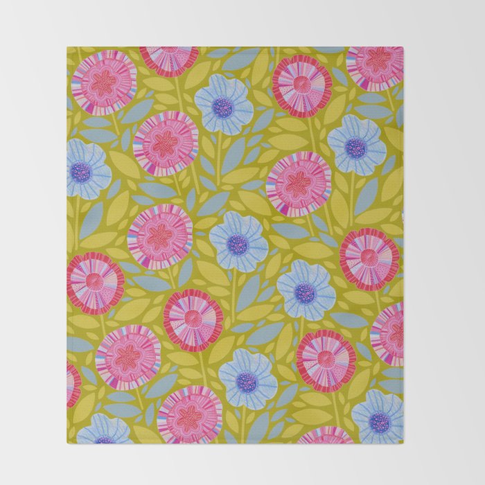 Folk Floral Blossoms in Moss Green Throw Blanket Gallery Image 2