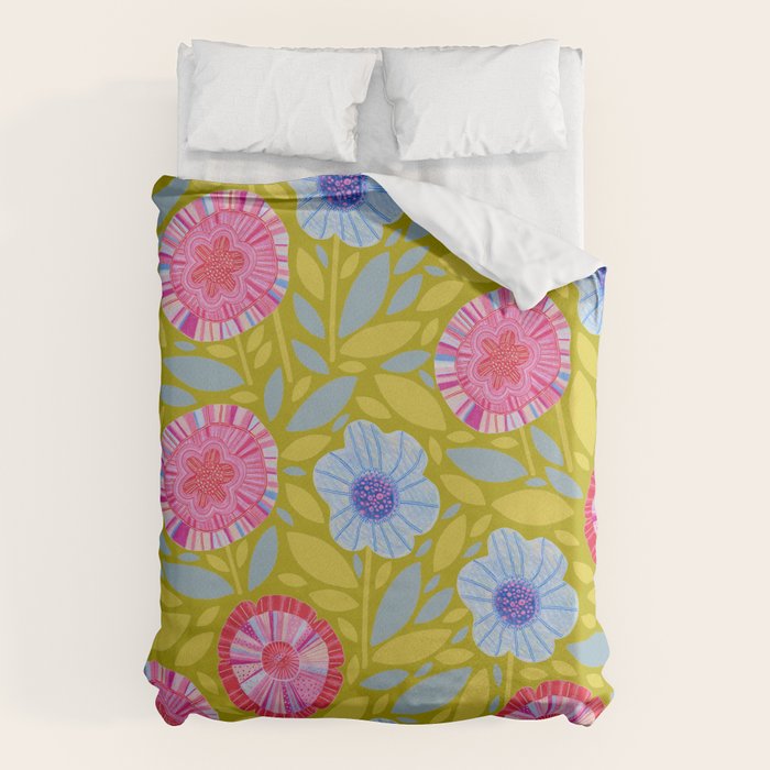 Folk Floral Blossoms in Moss Green Duvet Cover Gallery Image 6