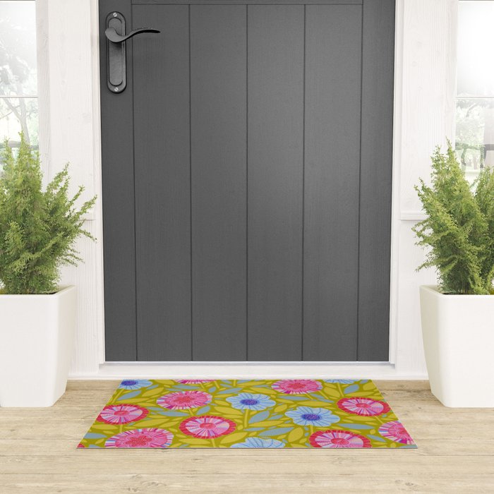 Folk Floral Blossoms in Moss Green Welcome Mat Gallery Image 3
