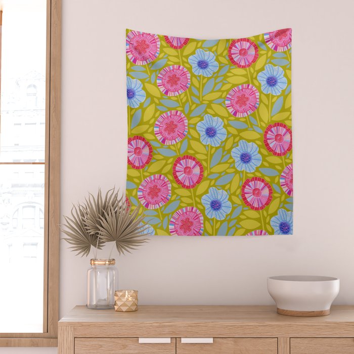 Folk Floral Blossoms in Moss Green Wall Tapestry Gallery Image 2