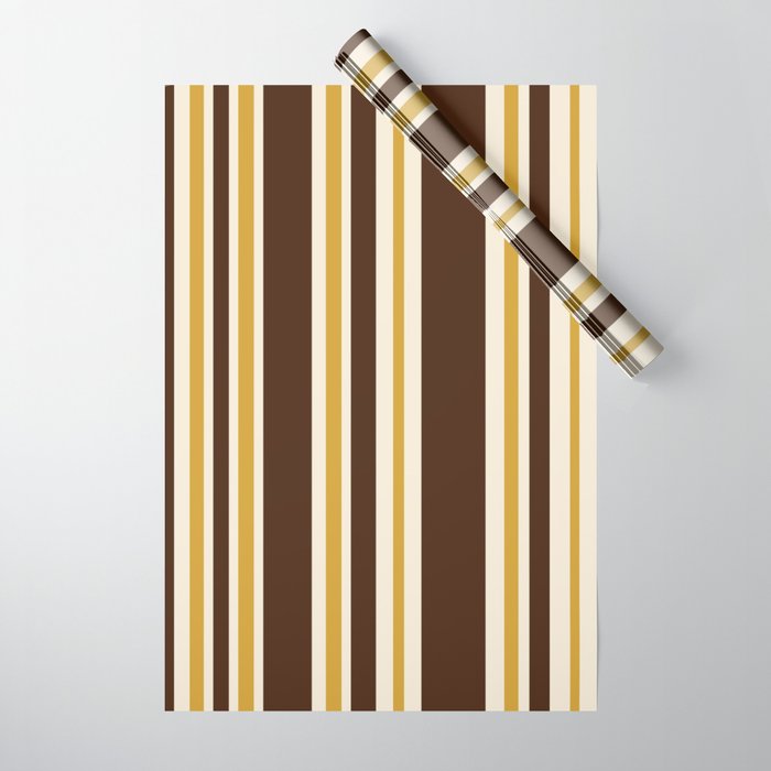 Retro Midcentury 70s Vertical Stripe Pattern Brown and Gold Wrapping Paper Gallery Image 1