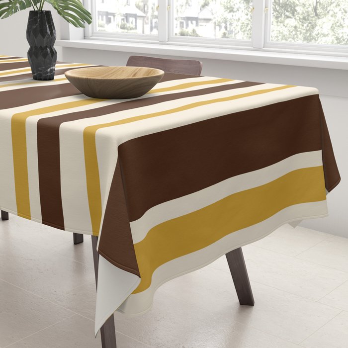 Retro Midcentury 70s Vertical Stripe Pattern Brown and Gold Tablecloth Gallery Image 3