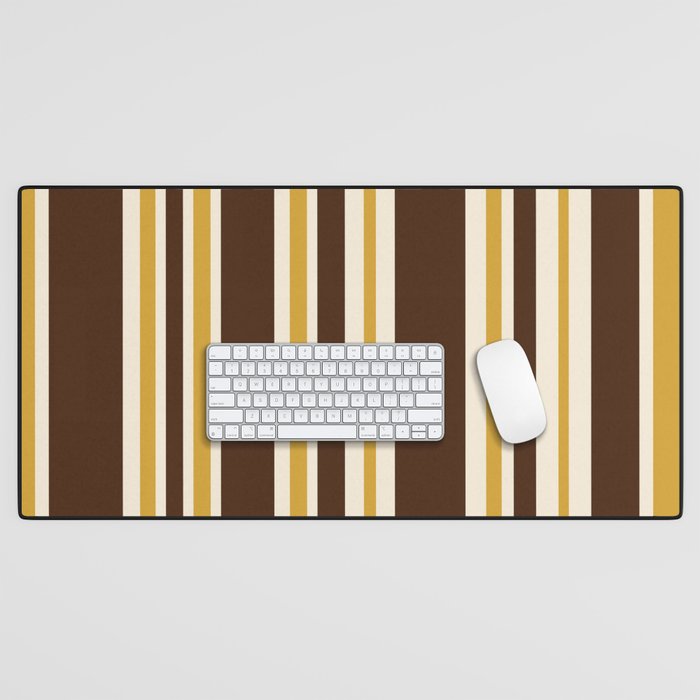 Retro Midcentury 70s Vertical Stripe Pattern Brown and Gold Desk Mat Gallery Image 1