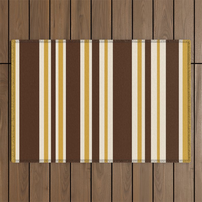 Retro Midcentury 70s Vertical Stripe Pattern Brown and Gold Outdoor Rug Gallery Image 1
