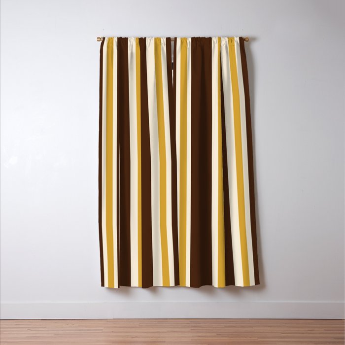 Retro Midcentury 70s Vertical Stripe Pattern Brown and Gold Window Curtain Gallery Image 3