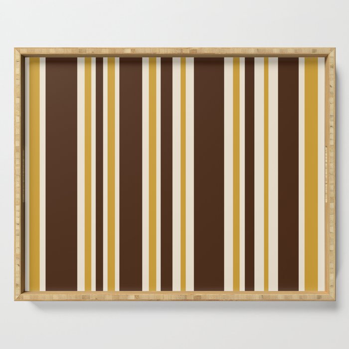 Retro Midcentury 70s Vertical Stripe Pattern Brown and Gold Serving Tray Gallery Image 1