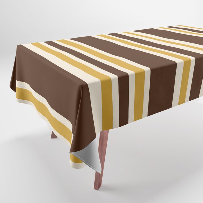 Retro Midcentury 70s Vertical Stripe Pattern Brown and Gold Tablecloth Gallery Image 1