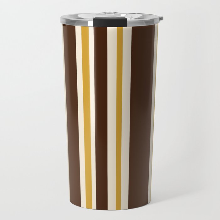 Retro Midcentury 70s Vertical Stripe Pattern Brown and Gold Travel Mug Gallery Image 1