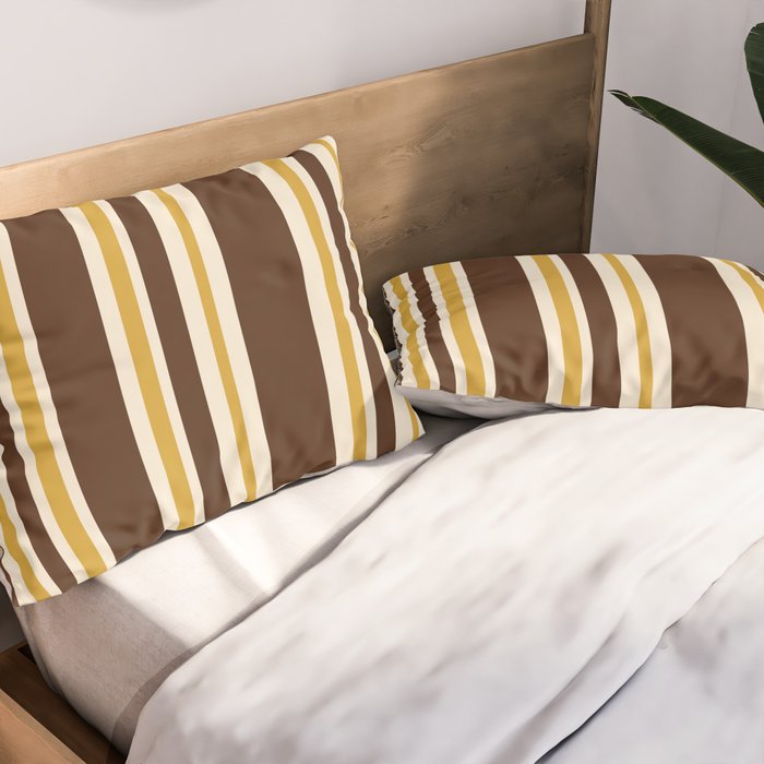 Retro Midcentury 70s Vertical Stripe Pattern Brown and Gold Pillow Sham Gallery Image 2