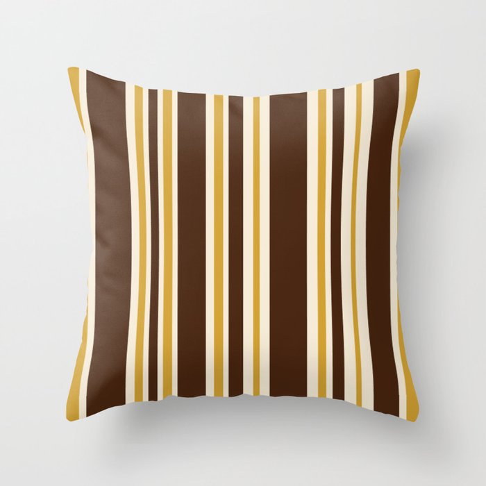 Retro Midcentury 70s Vertical Stripe Pattern Brown and Gold Throw Pillow Gallery Image 6