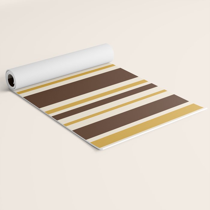 Retro Midcentury 70s Vertical Stripe Pattern Brown and Gold Yoga Mat Gallery Image 2