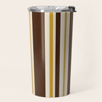 Retro Midcentury 70s Vertical Stripe Pattern Brown and Gold Travel Mug Gallery Image 2