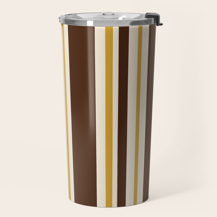 Retro Midcentury 70s Vertical Stripe Pattern Brown and Gold Travel Mug Gallery Image 2