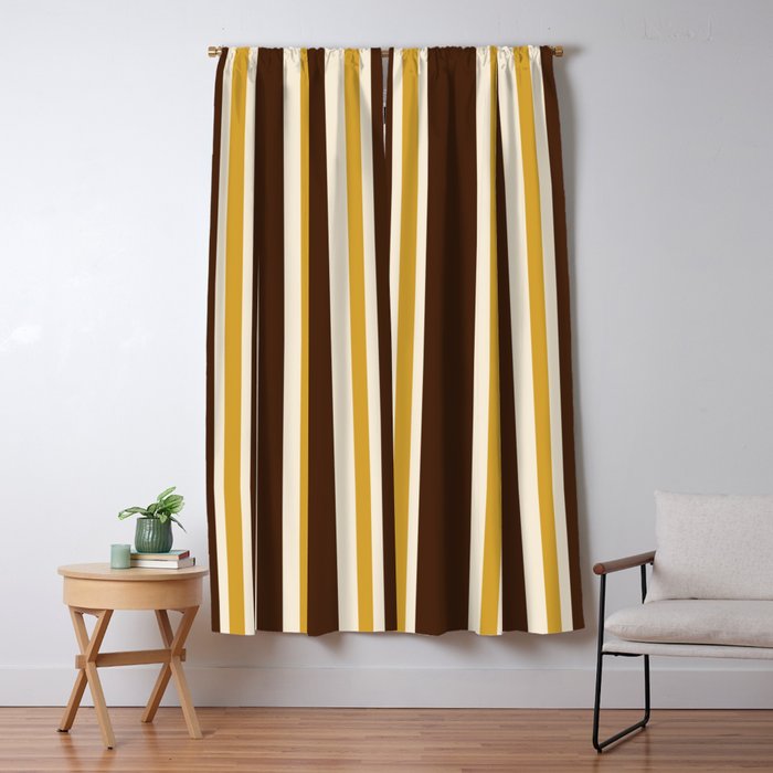Retro Midcentury 70s Vertical Stripe Pattern Brown and Gold Window Curtain Gallery Image 5
