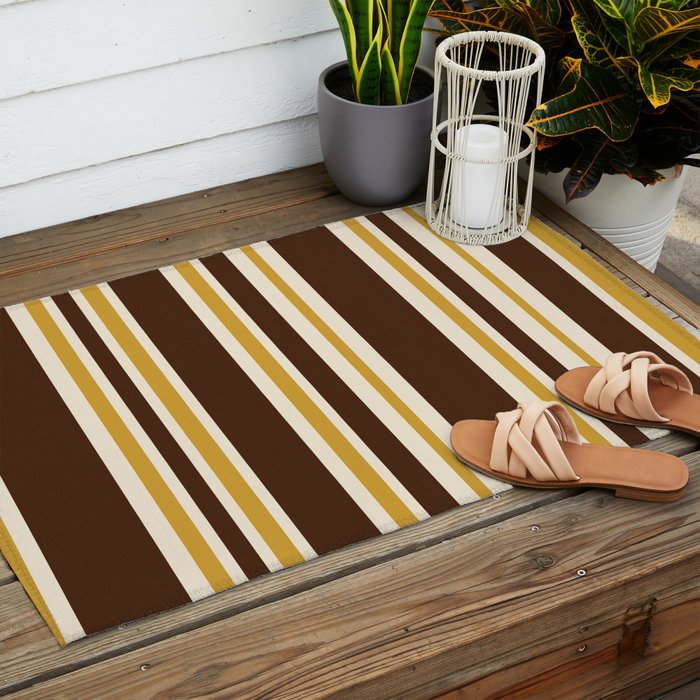 Retro Midcentury 70s Vertical Stripe Pattern Brown and Gold Outdoor Rug Gallery Image 2