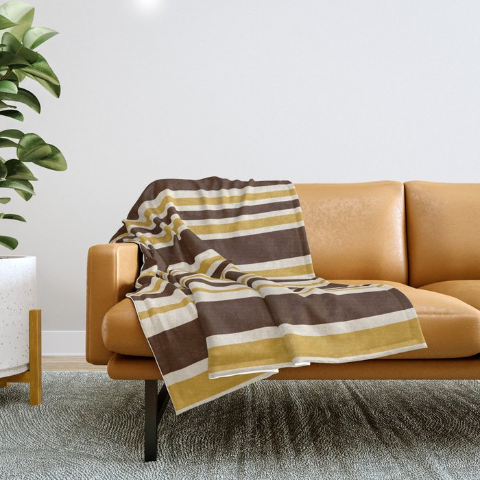 Retro Midcentury 70s Vertical Stripe Pattern Brown and Gold Throw Blanket Gallery Image 1