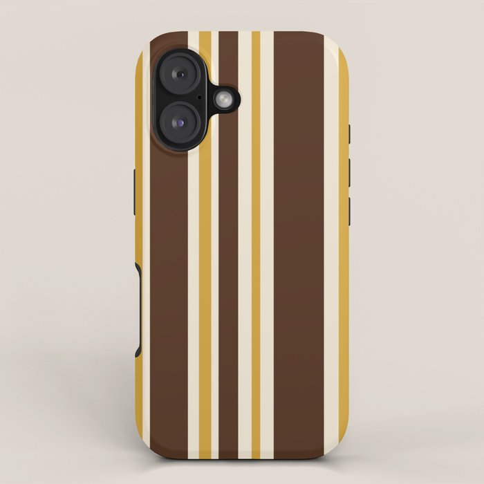 Retro Midcentury 70s Vertical Stripe Pattern Brown and Gold iPhone Case Gallery Image 1
