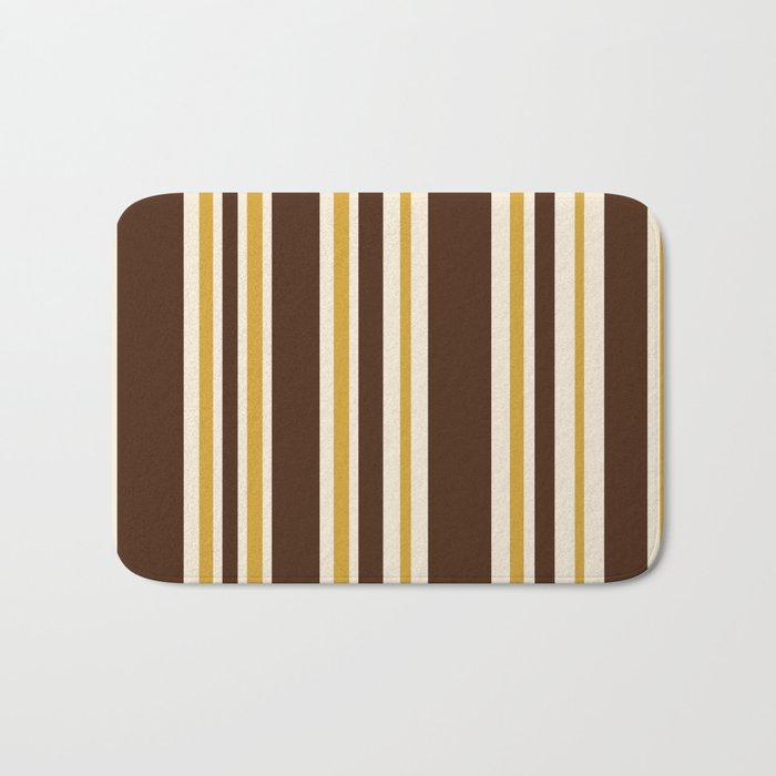 Retro Midcentury 70s Vertical Stripe Pattern Brown and Gold Bath Mat Gallery Image 1