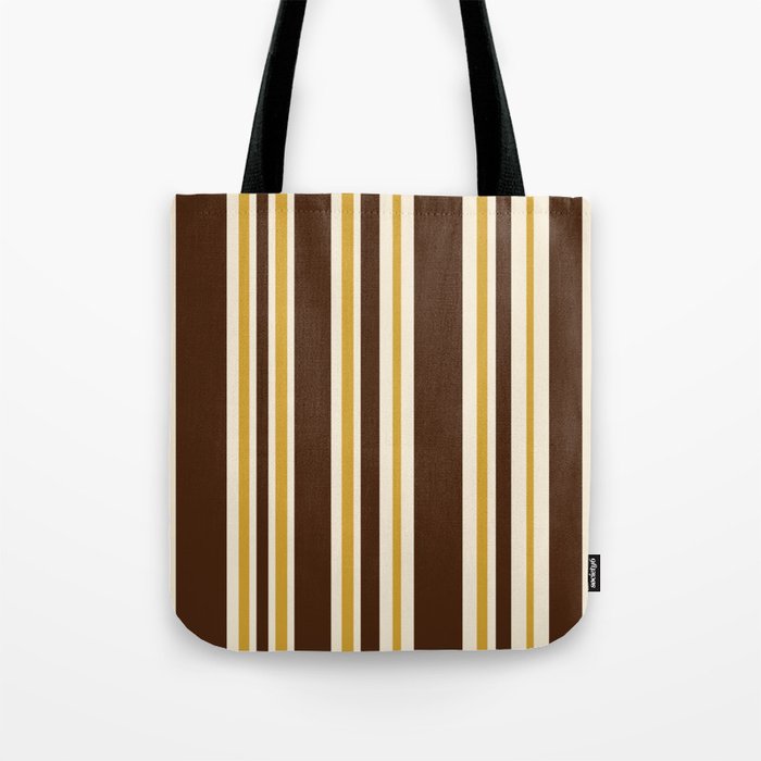Retro Midcentury 70s Vertical Stripe Pattern Brown and Gold Tote Bag Gallery Image 1