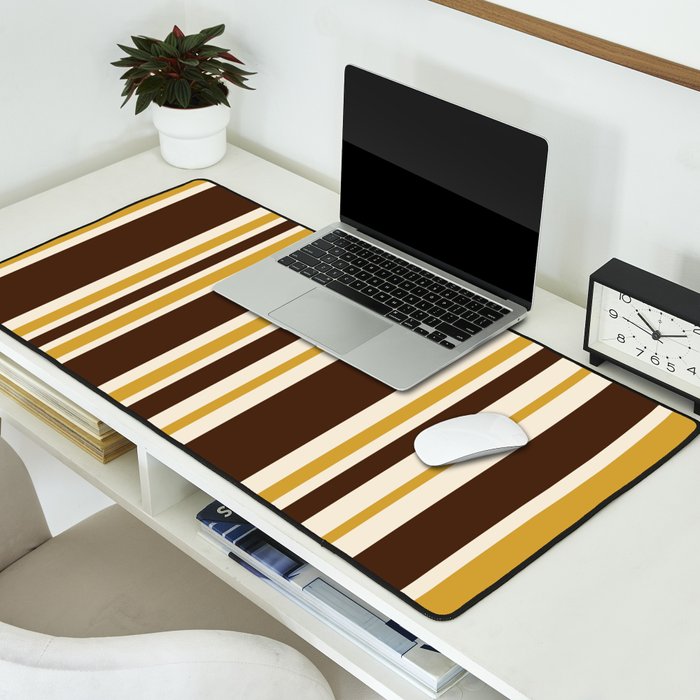Retro Midcentury 70s Vertical Stripe Pattern Brown and Gold Desk Mat Gallery Image 2