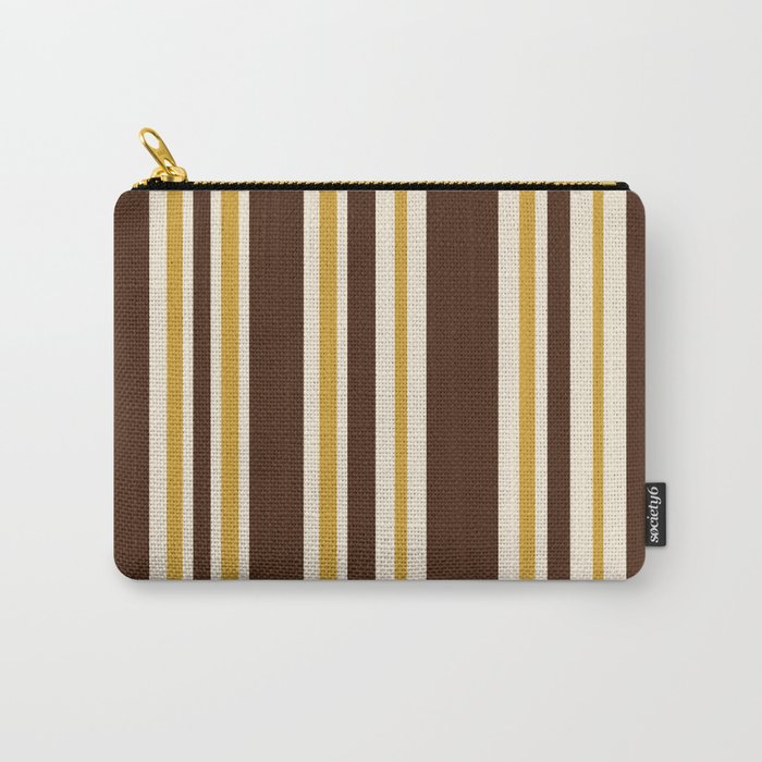 Retro Midcentury 70s Vertical Stripe Pattern Brown and Gold Carry All Pouch Gallery Image 1