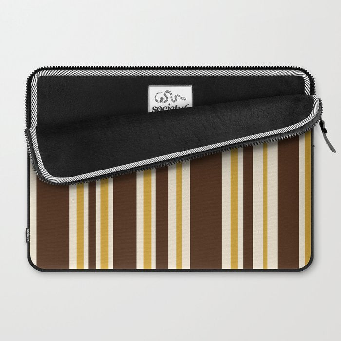 Retro Midcentury 70s Vertical Stripe Pattern Brown and Gold Laptop Sleeve Gallery Image 2