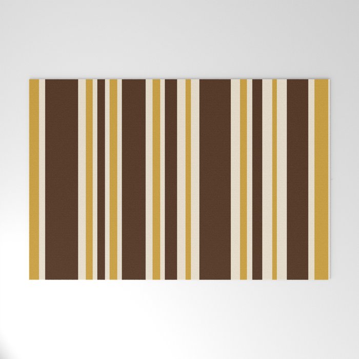 Retro Midcentury 70s Vertical Stripe Pattern Brown and Gold Welcome Mat Gallery Image 1