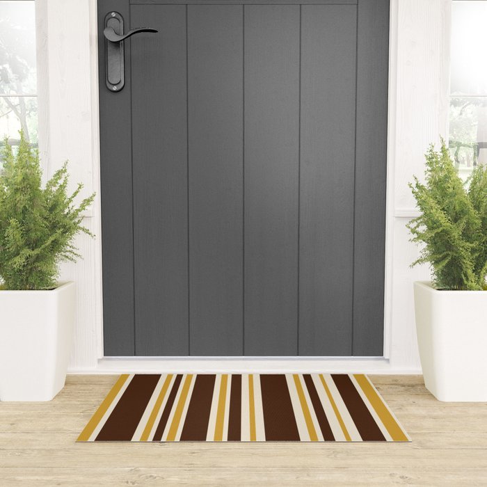 Retro Midcentury 70s Vertical Stripe Pattern Brown and Gold Welcome Mat Gallery Image 3