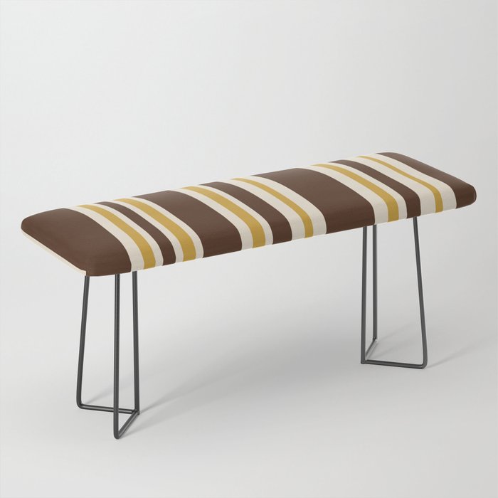 Retro Midcentury 70s Vertical Stripe Pattern Brown and Gold Bench Gallery Image 1