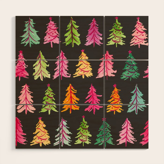 Colorful Vintage Bottlebrush Christmas Trees on Black Wood Wall Art Gallery Image 1