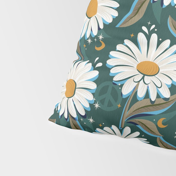 Drippy Daisy Dreamscape - White on Teal Pillow Sham Gallery Image 4