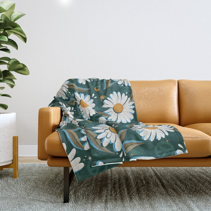 Drippy Daisy Dreamscape - White on Teal Throw Blanket Gallery Image 1